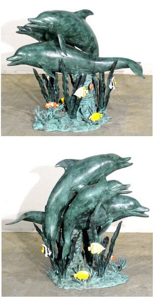 Life size bronze wild animals three dolphins swimming fountain